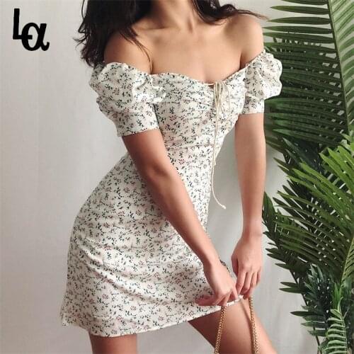 Luck A Summer Dress Retro Boho Women Tie Neck Floral Print Floral Mini Sexy White Dress Elegant Puff Sleeve Dresses Vestidos