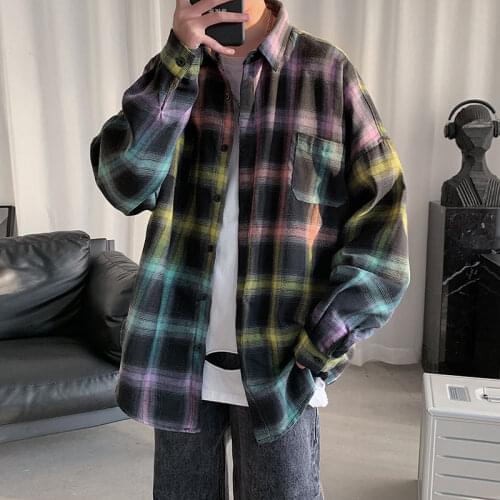 Spring Cotton Gradient Shirt Mens Fashion Retro Casual Shirt Street Korean Loose Long-sleeved Shirts Mens Plaid Shirt M-2XL