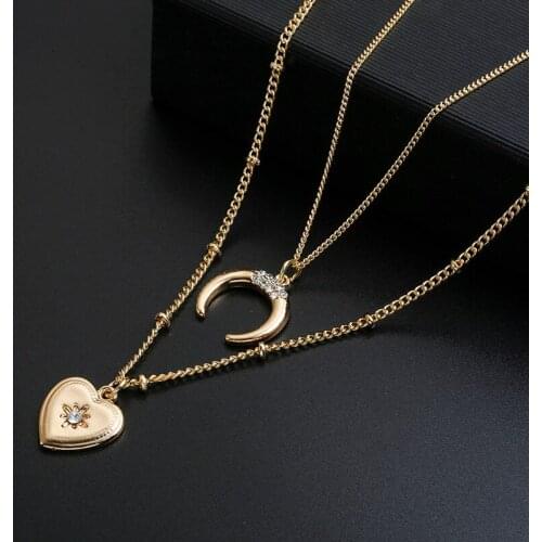 Vintage Multilayer Pendant Necklace for Women Gold Color Heart Moon Horn Crescent Charm Chains Choker Necklaces Jewelry New