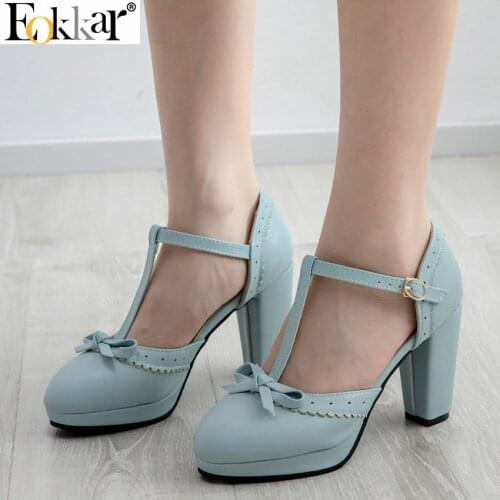 Eokkar 2019 Women T Strap Pumps Mary Jane Fashion Square High Heel Dorsay Pumps Pu Leather Women Shoes Ladies Pumps Size 34-43