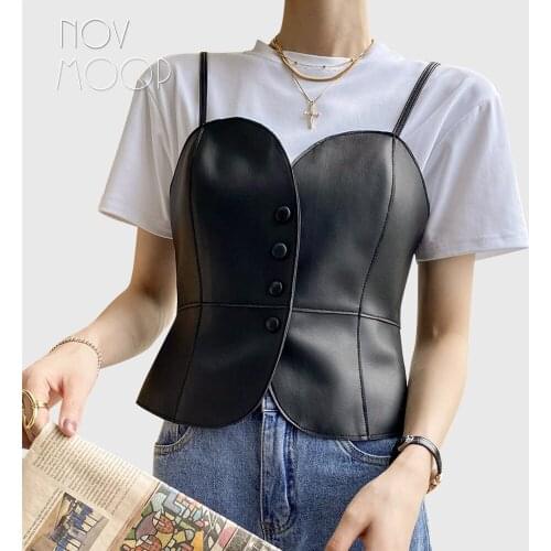 Novmoop sheepskin bonded with spandex lining fabric genuine leather women vest french vintage style LT3322