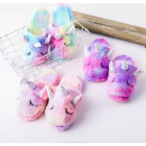 Winter Kawaii Slippers For Girls Shoes Plush Unicorn Slippers Pink Rainbow Indoor Slipper Furry Shoes For Kids Children Fashion