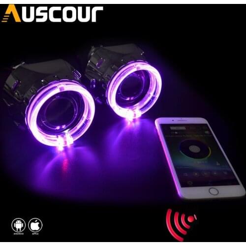 2.5 inch Car Bi Xenon Hid Projector Lens with RGB App Bluetooth Function Angel Eyes Mask Bulb Lamp Car Assembly Kit For H1 H4 H7