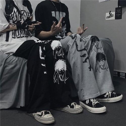Harajuku Anime characters fashion japanese pattern hip hop wide leg pants women men casual streetwear elastic waist jogger pants