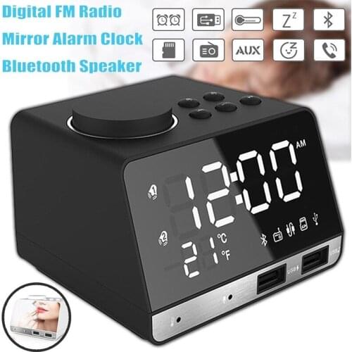 Dual USB Ports Bluetooth Speaker Mirror LED Display FM Audio TF Play Hands-free Snooze Dual Use Digital Intelligent Alarm Clock