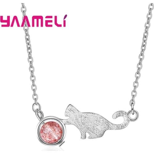 Genuine 925 Sterling Silver Cute Cats Shape Design Pendant With Bead Necklace Crystal Jewelry For Women Ladies Present