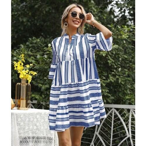 Summer Womens 2021 New Fashion Sexy V-Neck Mini Dress Casual Loose Solid Stripe Print Half Ruffle Sleeve Ladies Empire Dresses