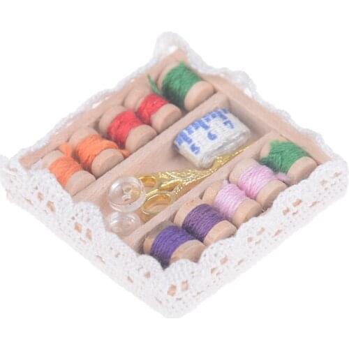 1:12 Scale Vintage Wooden Box with Needle Scissors Kit Dollhouse Decoration Miniature Accessories Best Sale