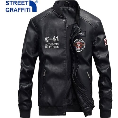 2021 Men New Embroidery Motor Leather Jacket Men Casual Winter Baseball PU Fleece Jackets Coat Fashion Slim Leather Jacket Men