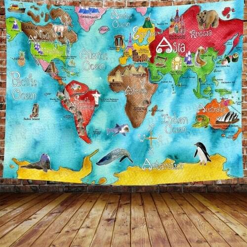 Cartoon World Map Tapestry Wanderlust, Animal Mountains Forests World Map Wall Hanging