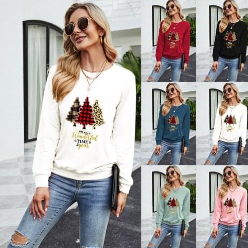 Autumn and winter new Christmas theme Christmas tree printed round collar loose long sleeve T-shirt aesthetic clothes
