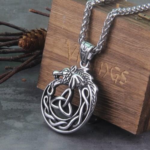 Stainless steel Ouroboros pendant necklace as men gift with a wooden box