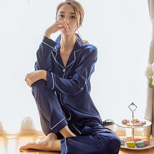 Spring Autumn Women Sleepwear Fashion Striped Single-breasted Long Sleeve Two Piece Sets Loose Silk Satin Pajamas Set