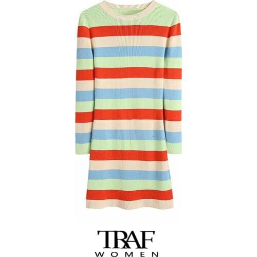 TRAF Za Women Fashion Striped Ribbed Knit Mini Dress Vintage O Neck Long Sleeve Female Dresses Vestidos Mujer