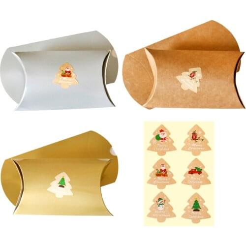6sets Christmas Gift Box Pillow Shape Kraft Paper Boxes New Year Party Gift Wrapping Packaging Bag Craft Candy Box with Stickers