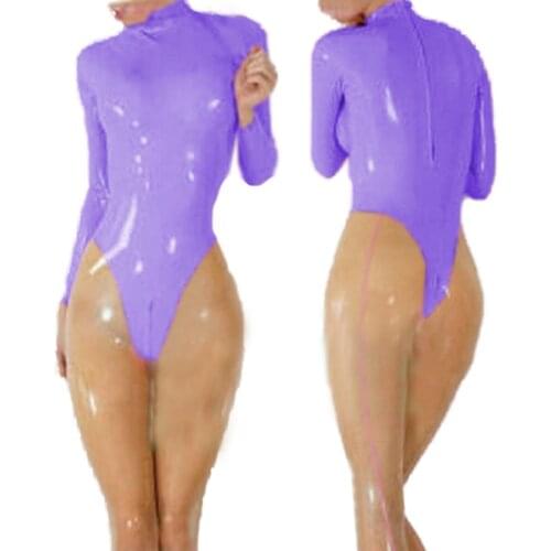 Plus Size Ladies Novelty High Cut Catsuit Wetlook PVC Bodysuit Zipper Open Crotch Short Jumpsuits Exotic Cosplay Party Costume