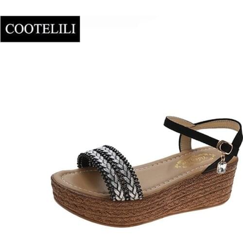 COOTELILI Woman Sandals 2021 New Fashion Summer Shoes Round Toe 5.5cm Heel Diamond decoration Womens Shoes Black Pink 35-40