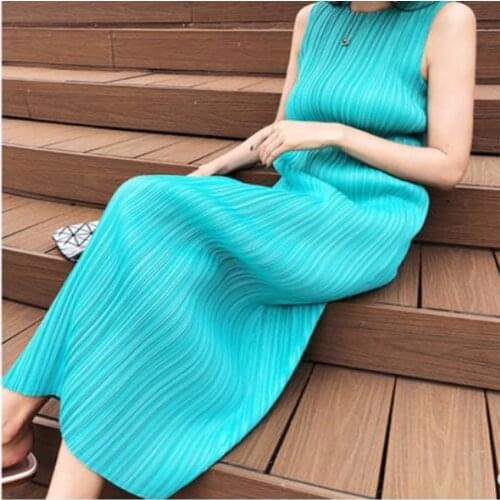 Women dresses Summer Sleeveless long pleated dress fashion Casual elegant lady Ice Water Blue beach dress T