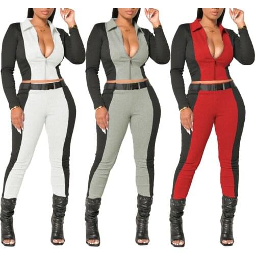 2021 New Styel Women’s 2 Piece Outfits Autumn Long Sleeve Color Block Lapel Zip Crop Top and Skinny Pants Set