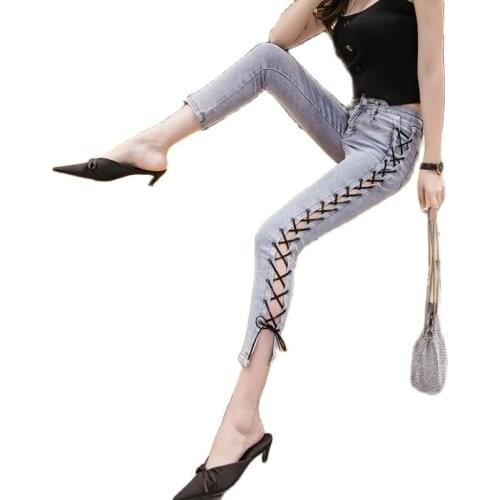 2021 Cotton Bandage Cut Out Sexy Y2K Jeans Women Fashion Streetwear Outfits Denim Pants Ankle-Length Pants