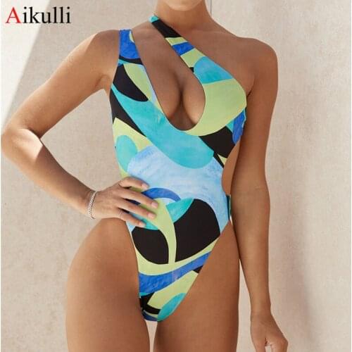 2021 Sexy One Shoulder One Piece Swimsuit Women Print Swimwear Bodysuit Push Up Monokini Brazilian Bathing Suit Summer Beachwear
