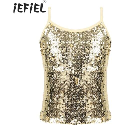 Sparkly Sequined Girls Tank Tops Summer Adjustable Spaghetti Straps Camisole Top Stage Performance Ballet Dance Girls Crop Tops
