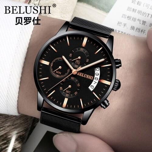 2020 Top Brand BELUSHI Business Watches Men Quartz Watch Mesh Band Date Luminous Saats Multifunctional Chronograph Montre Homme
