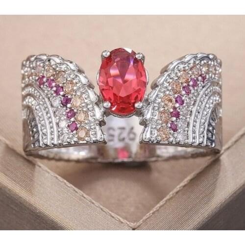 CAOSHI Noble Rose Red Oval Stone Finger Rings for Women with Fanshaped Band Vintage Wedding Party Anniversary Jewelry Best Gifts