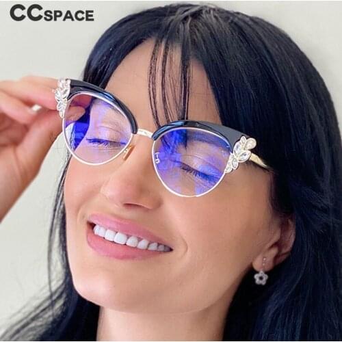 CCSPACE Ladies Diamond Cat Eyes Glasses Frames Women Brand Designer Optical EyeGlasses Fashion Eyewear Computer Glasses 45259