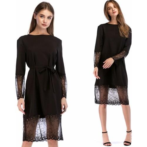 Black Dress Ladies dress women color Casual fashion Dresses Lace Party pringting Long sleeves Frenulum Round collar