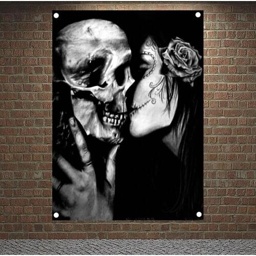 Girl with skull kissing Banners Flags Tattoo Posters Macabre Art 4-hole Wall Hanging Tapestry Bar Cafe Tattoo Studio Decoration