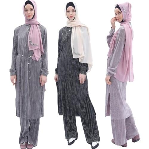 Two Piece Muslim Pleated Long Sleeve Top Pants For Women Abaya Dress Dubai Clothing Casual Islamic Sets Prayer Worship Service