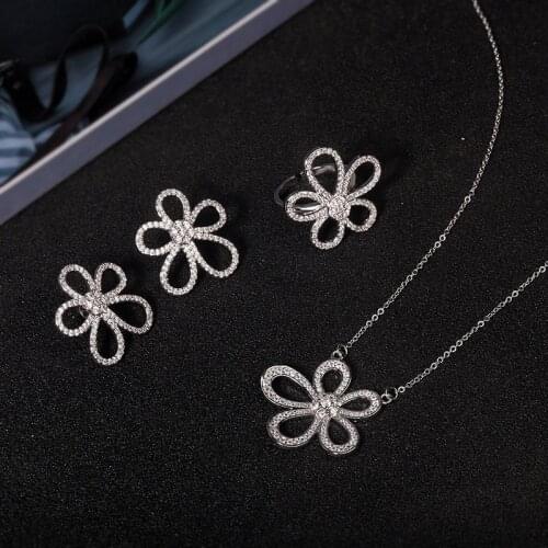 Flower shape Pave Lab Diamond Jewelry set 925 Sterling Silver Party Wedding Rings Earrings Necklace For Women Gemstones Jewelry