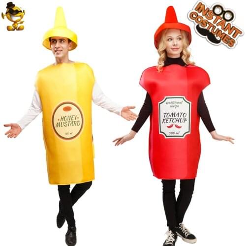 Unisex Adult Cosplay Ketchup And Mustard Costume Halloween Carnival Lover Fancy Dress Funny Food Tunic for Couples Mascot Outfit