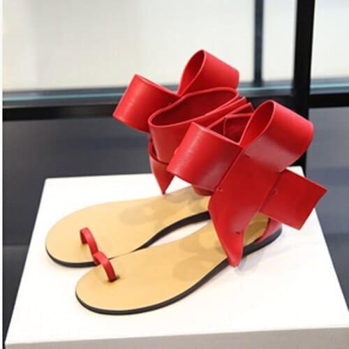 Sumer fashion red patent leather toe knob flat sandals amazing bowtie embellished ankle buckle strap flat sandals
