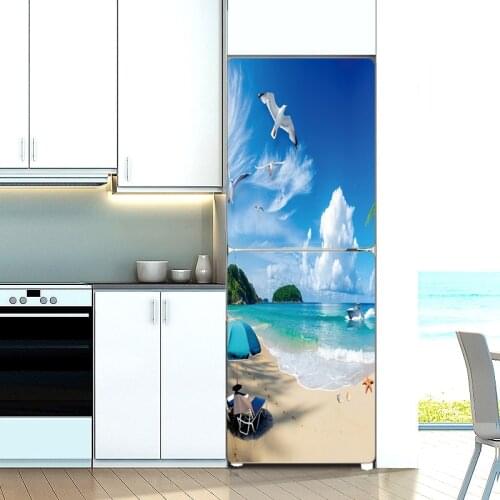 Sunshine Beach Home Refrigerator Door Sticker Peel And Stick Waterproof Fridge Cover Renovation Mural Kitchen Decor Decals Vinyl