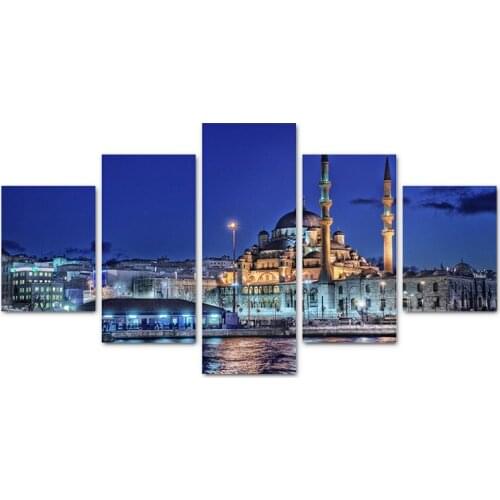 Wall Art Pictures Poster Room Home Decoration 5 Panels Muslim Nightscape Modern Canvas Painting Unframed HD Printed Abstract