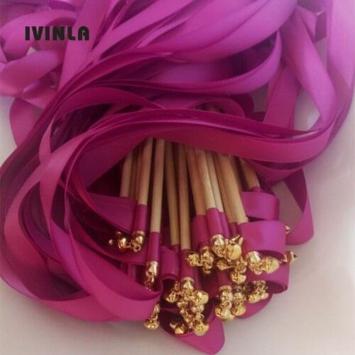 Newest 50pcs/lot Fushia ribbon wedding stick wands With gold Bells for wedding decoration