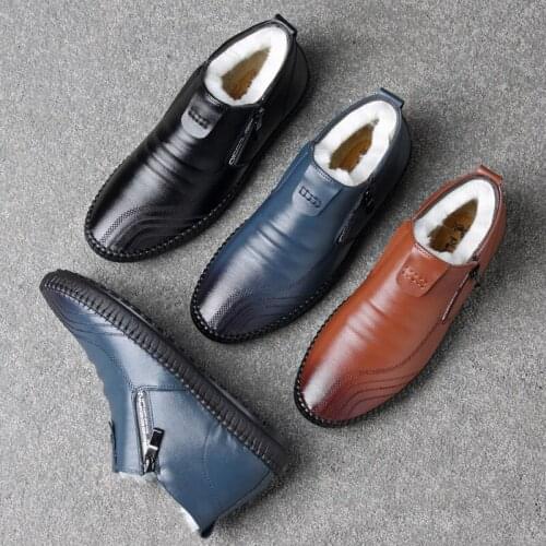 Shoes Warm Fur Plush Lace-Up Winter Shoes Fashion Men Boots High Quality Split Leather Ankle Snow Boots