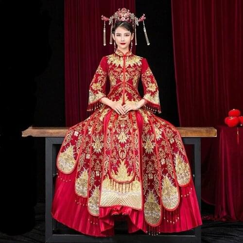 Retro Bride Toast Clothing Chinese Cheongsam Phoenix Embroidery Chinese Wedding Dress Oversize 3XL