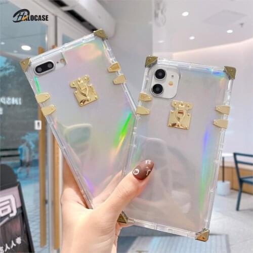 Luxury Laser Rainbow Square Case for iPhone 11 Pro Max XR XS 7 8 Plus X 6 6s Plus Silicone Bling Stripes Phone Cover SE 2020 TPU