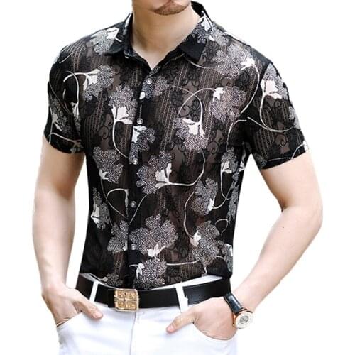 Mens Business Casual Silk Shirt Men Summer Short Sleeve Transparent Flower Pattern Club Party See Through Lace Shirt