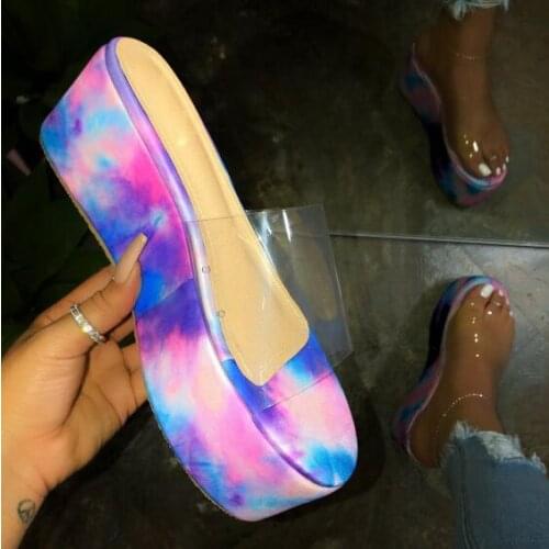 Waterproof platform high heel PVC spring summer new women outdoor beach sandals color printing non-slip durable slippers ladies