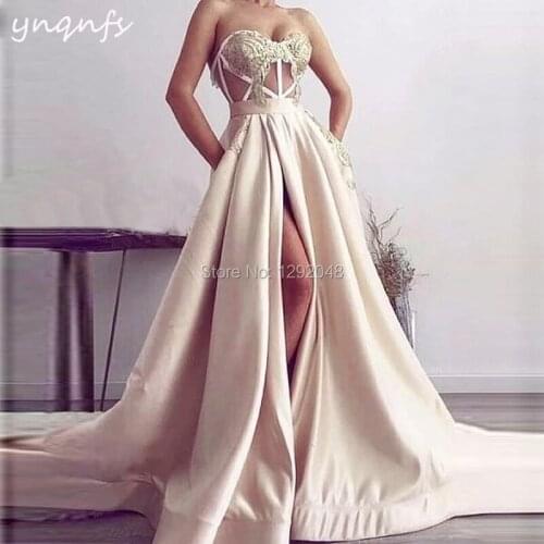 YNQNFS P67 Court Train Cut Out Top High Leg Slit Satin Dress Evening Party Champagne Long Prom Dresses 2019