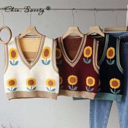 Sunflower Knitted Womens Sweaters Short Vest V-neck Sleeveless Crop Vests For Girls 2020 Autumn Vintage Sweety Sweater Women