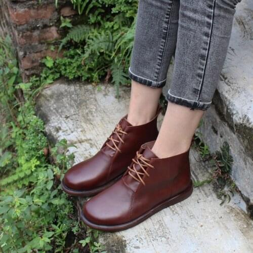 Womens Autumn Boots Round toe lace up Womens Ankle Boots 100% Genuine Leather Boots Woman Anti-slip Female Flat Shoes