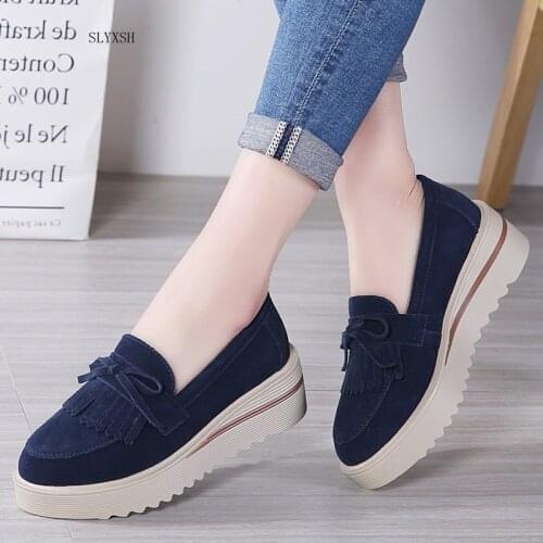 SLYXSH 2019 Spring Women Flat Platform Shoes Suede Leather Tassel Loafers Slip on Casual Shoes Women Moccasins Ladies Creepers