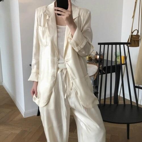 2020 New Autumn Fashion Women Blazer Coat Sensitive Silky Full Sleeve Notched Office Lady Wild Loose Thin Jacket C410