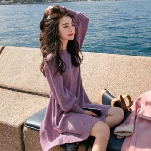 2020 Woman Elegant Autumn Winter Sweater Dress Solid Women Long Thick Dress Sweater Full Sleeve Long A-Line Knit Dress