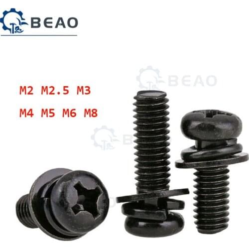 10-120Pcs Carbon Steel Round Head Three Combination Screws M2 M2.5 M3 M4 M5 M6 M8 Black zinc Plated Machine Screw